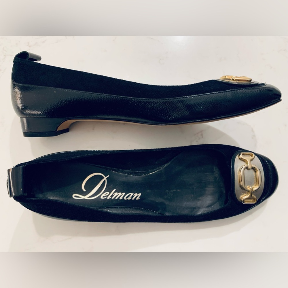 Delman Black Suede & Patent with Gold Shoes